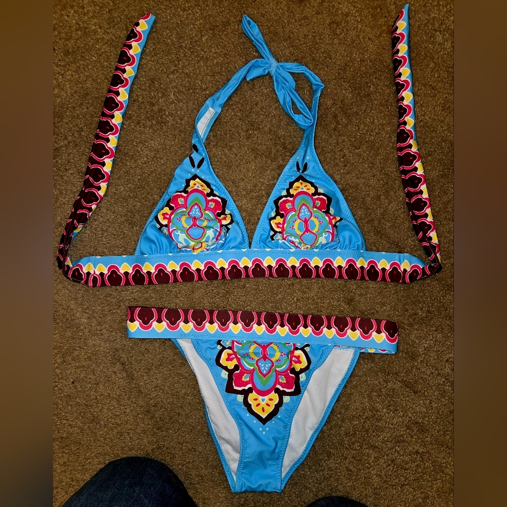 Bright Blue Ladies' Two-Piece Halter Swimsuit with Colorful Floral Print
